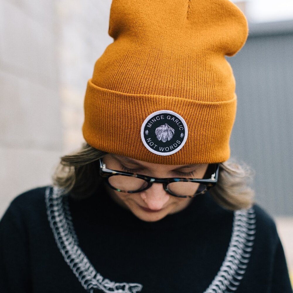 Unisex Handmade Acrylic Knit Garlic Patch Beanie Hat Foodie Gift Mustard Yellow